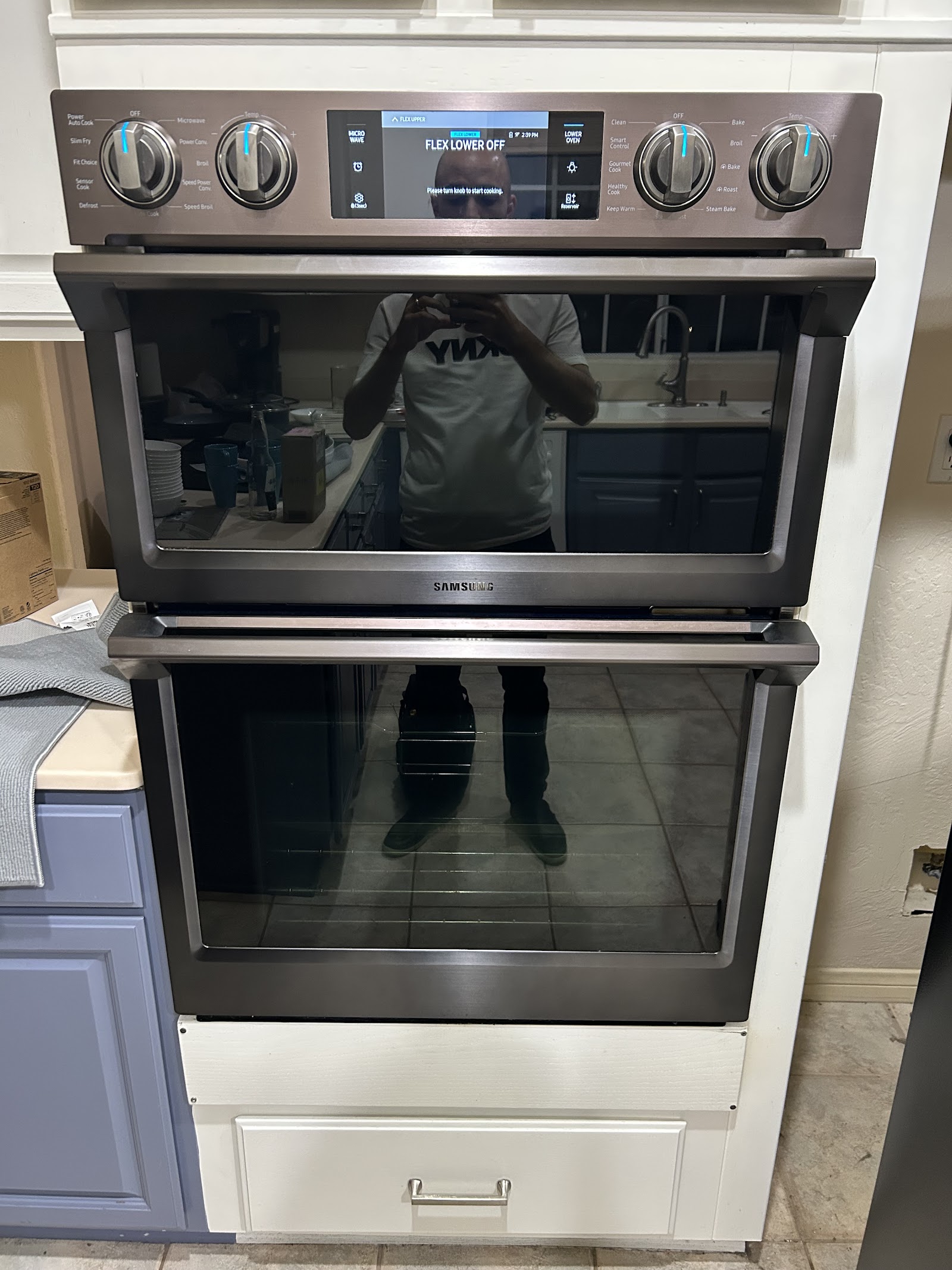 Samsung double wall oven with microwave, control panel powered on showing FLEX LOWER OFF