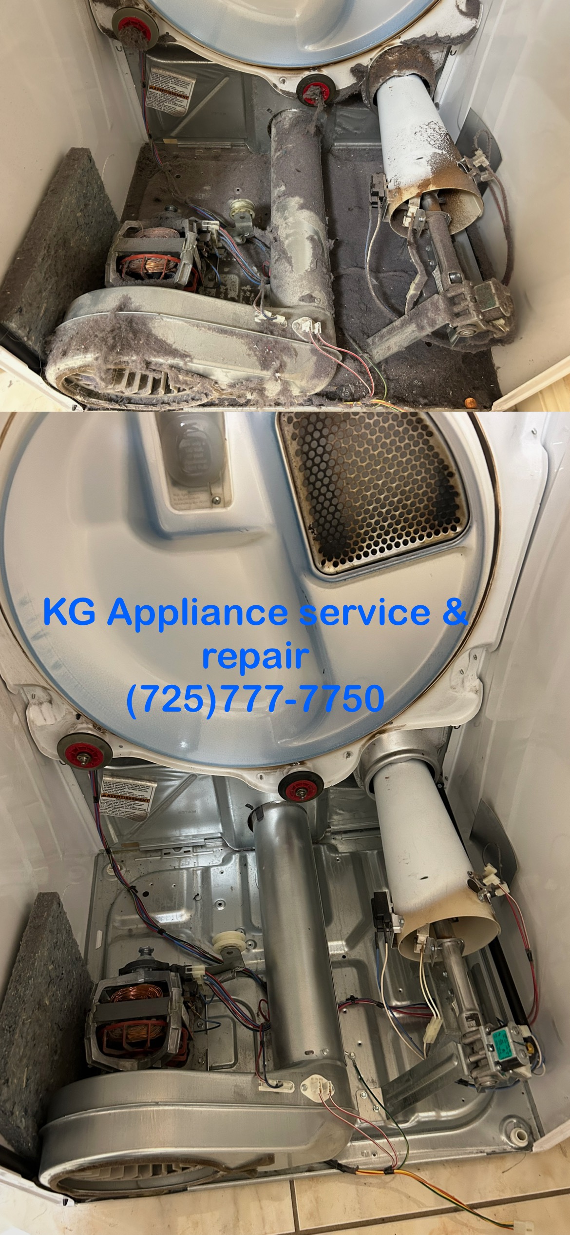 Before-and-after collage of a dryer interior showing lint buildup that has been cleaned out